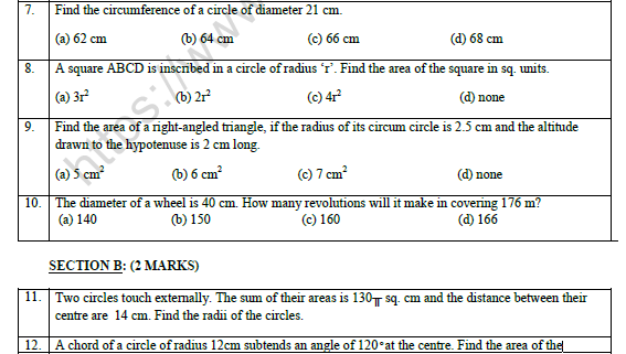 Cbse Class 10 Mathematics Area Related To Circle Worksheet Set A 5925